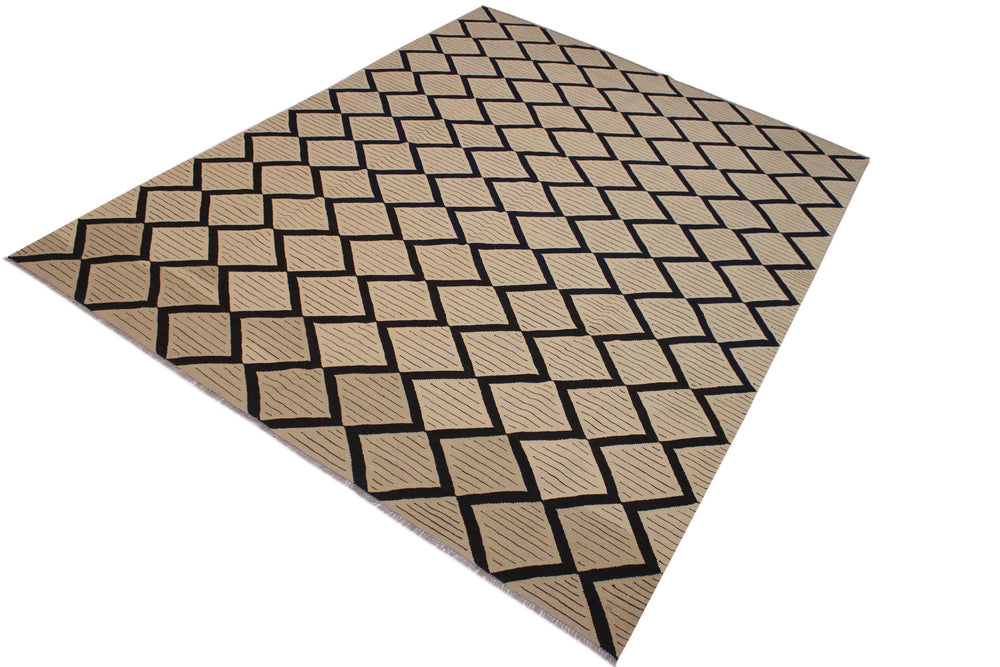 handmade Modern Kilim Beige Black Hand-Woven RECTANGLE 100% WOOL area rug 10' x 13'