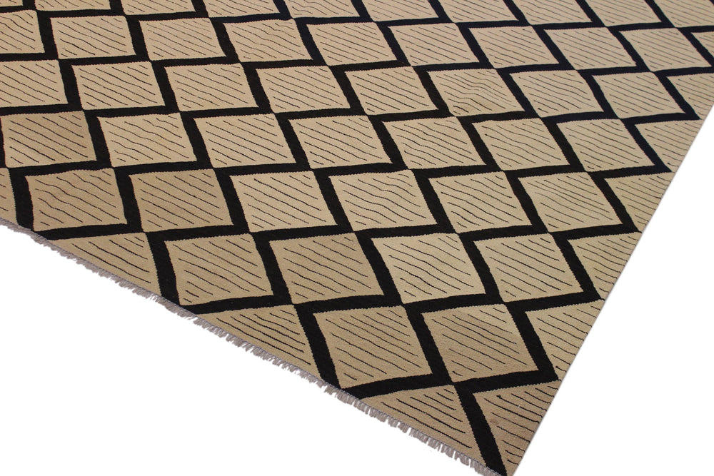 handmade Modern Kilim Beige Black Hand-Woven RECTANGLE 100% WOOL area rug 10' x 13'