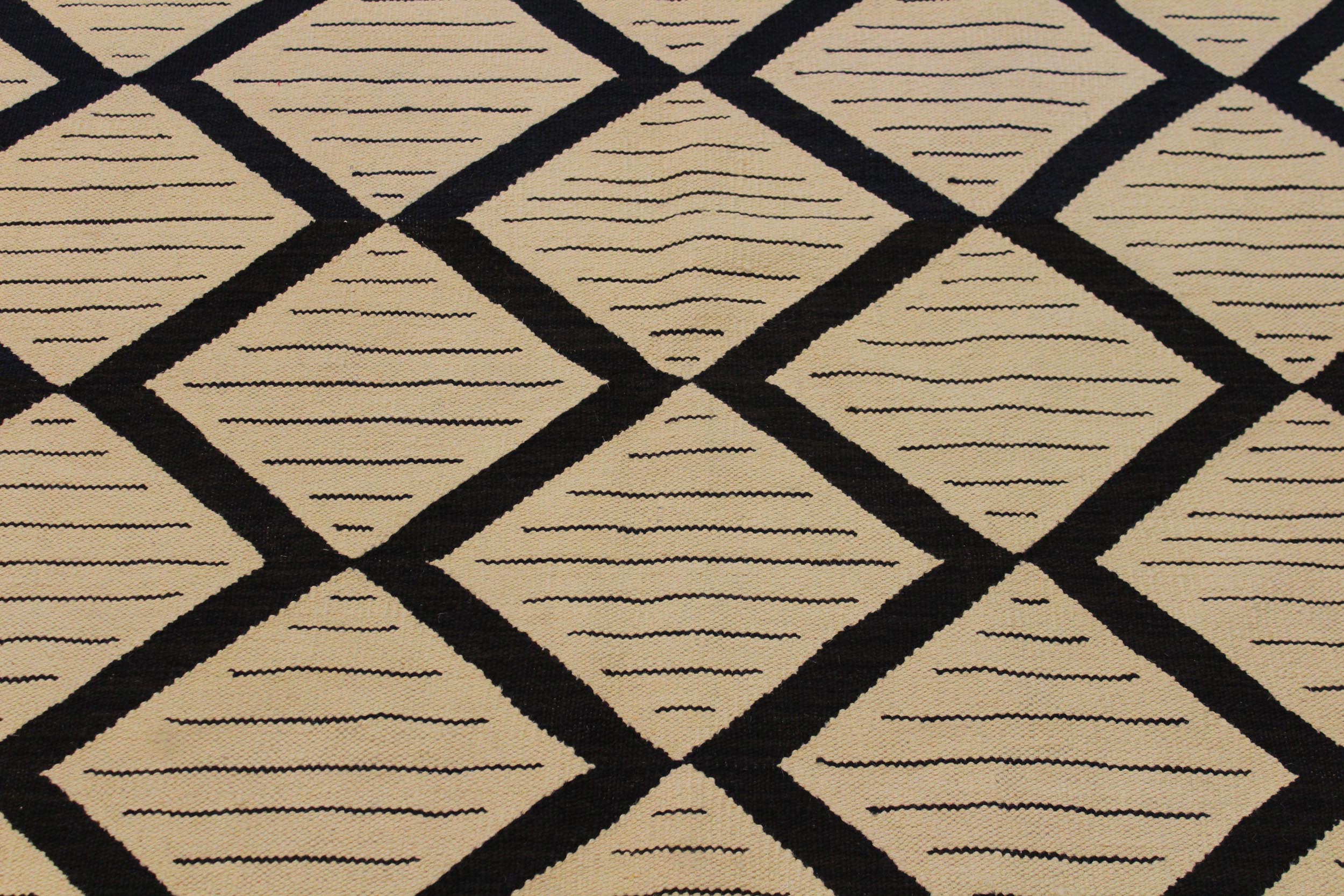 handmade Modern Kilim Beige Black Hand-Woven RECTANGLE 100% WOOL area rug 10' x 13'