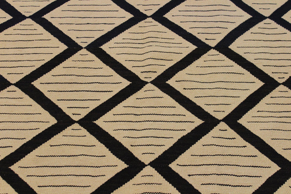 handmade Modern Kilim Beige Black Hand-Woven RECTANGLE 100% WOOL area rug 10' x 13'
