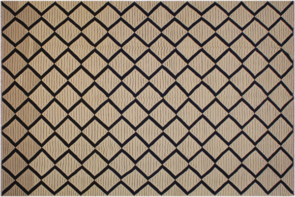 handmade Modern Kilim Beige Black Hand-Woven RECTANGLE 100% WOOL area rug 10' x 13'