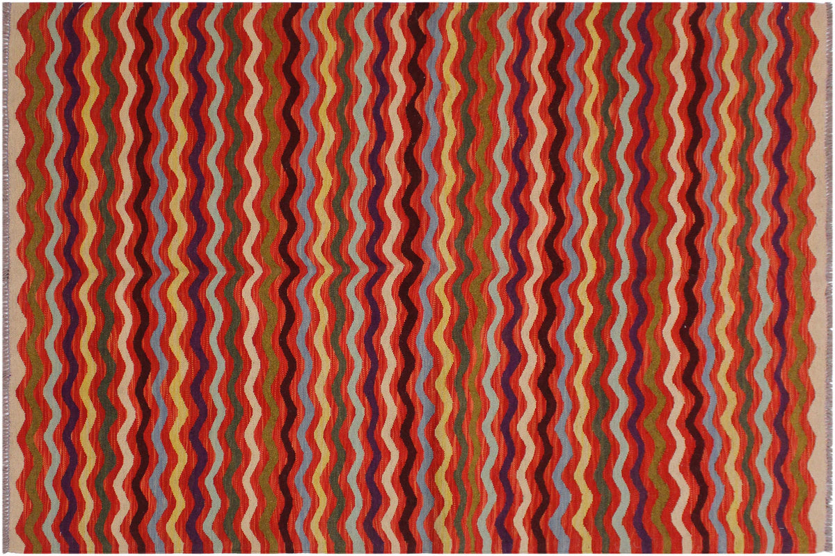 5x6 hand woven Turkish Modern Kilim wool rug in rust and beige - Turkish Eclectic Shumaker