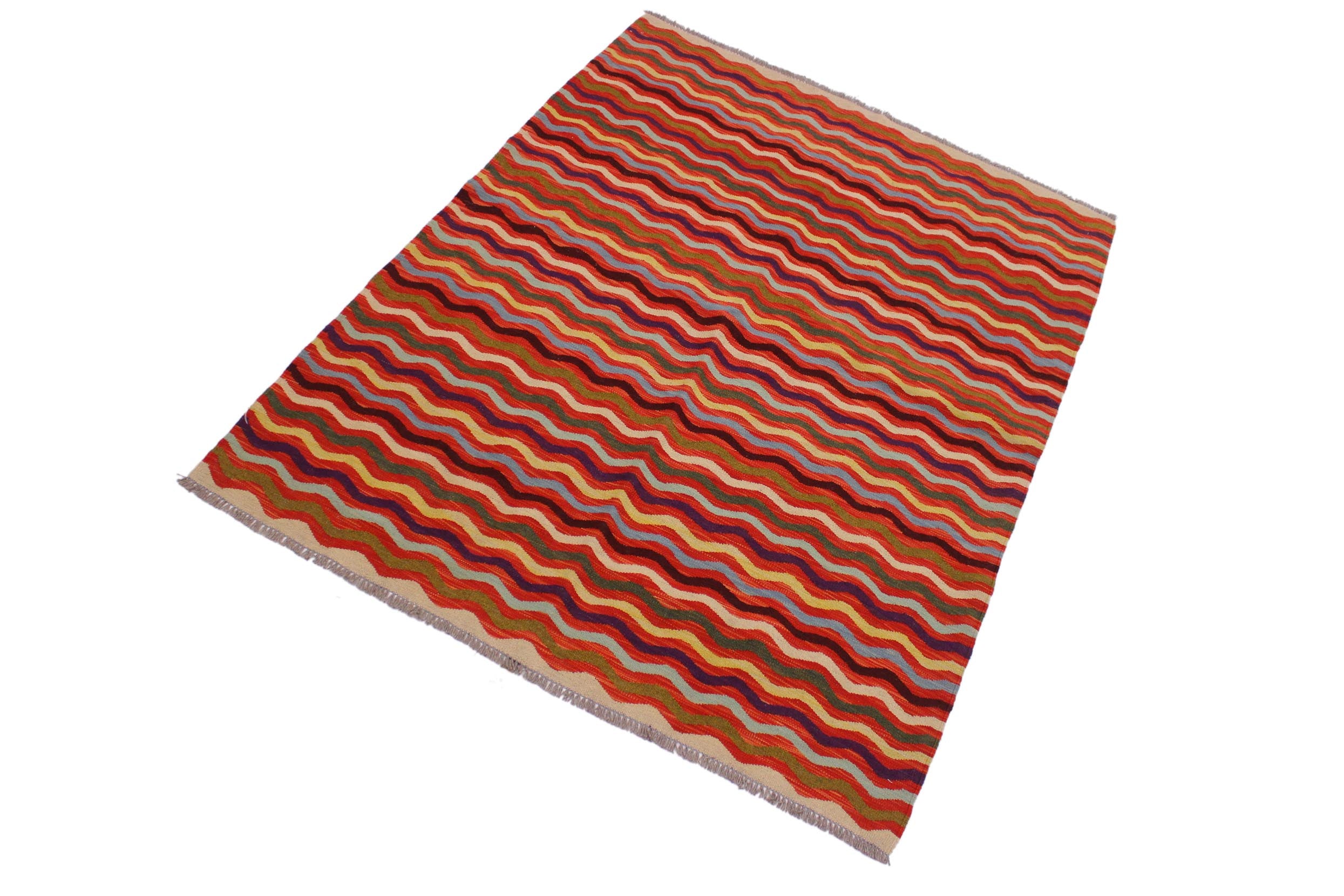handmade Modern Kilim Rust Beige Hand-Woven RECTANGLE 100% WOOL area rug 5 x 6