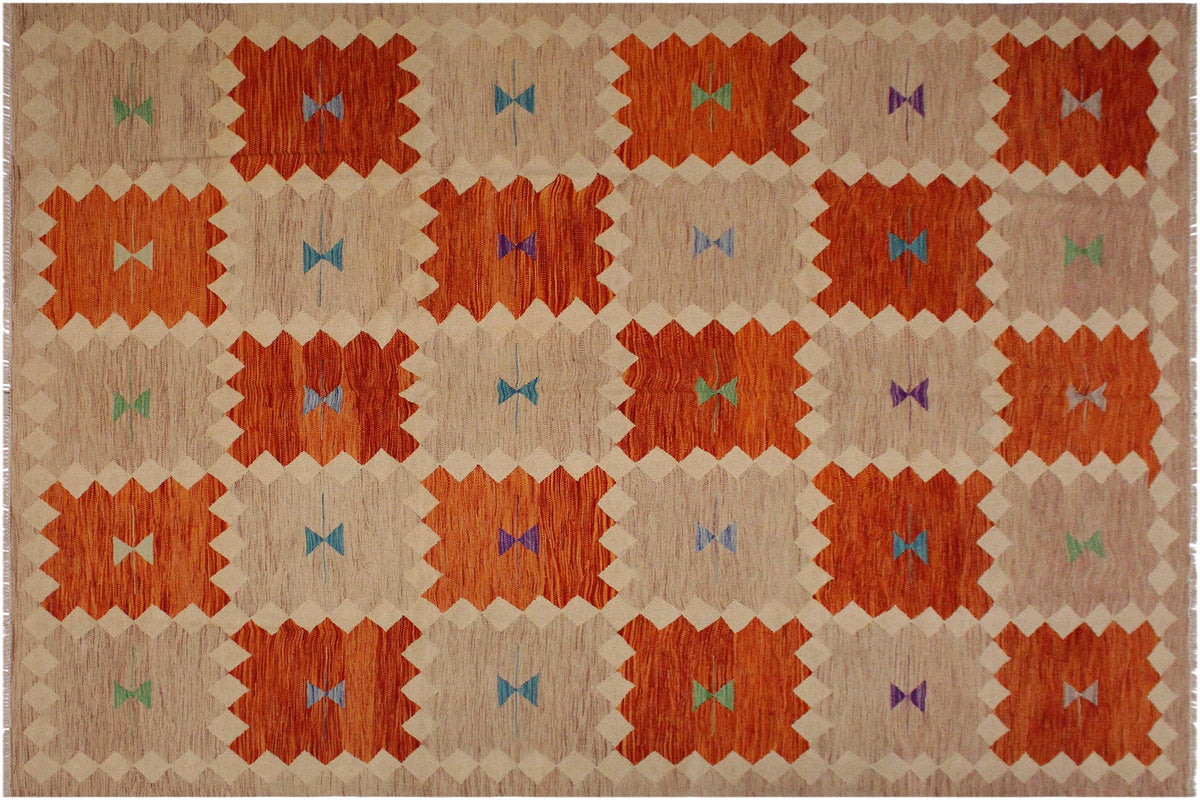 8x10 hand woven Turkish Modern Kilim wool rug in brown and beige - Turkish Chic Silva
