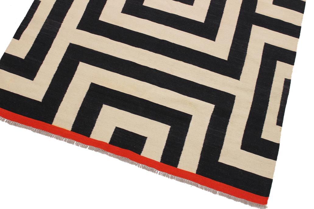 Flat Weave Kilim Antique Navaho Vintage handmade Modern Kilim Ivory Black Hand-Woven Rectangle 100% Wool Area Rug 5x8 
