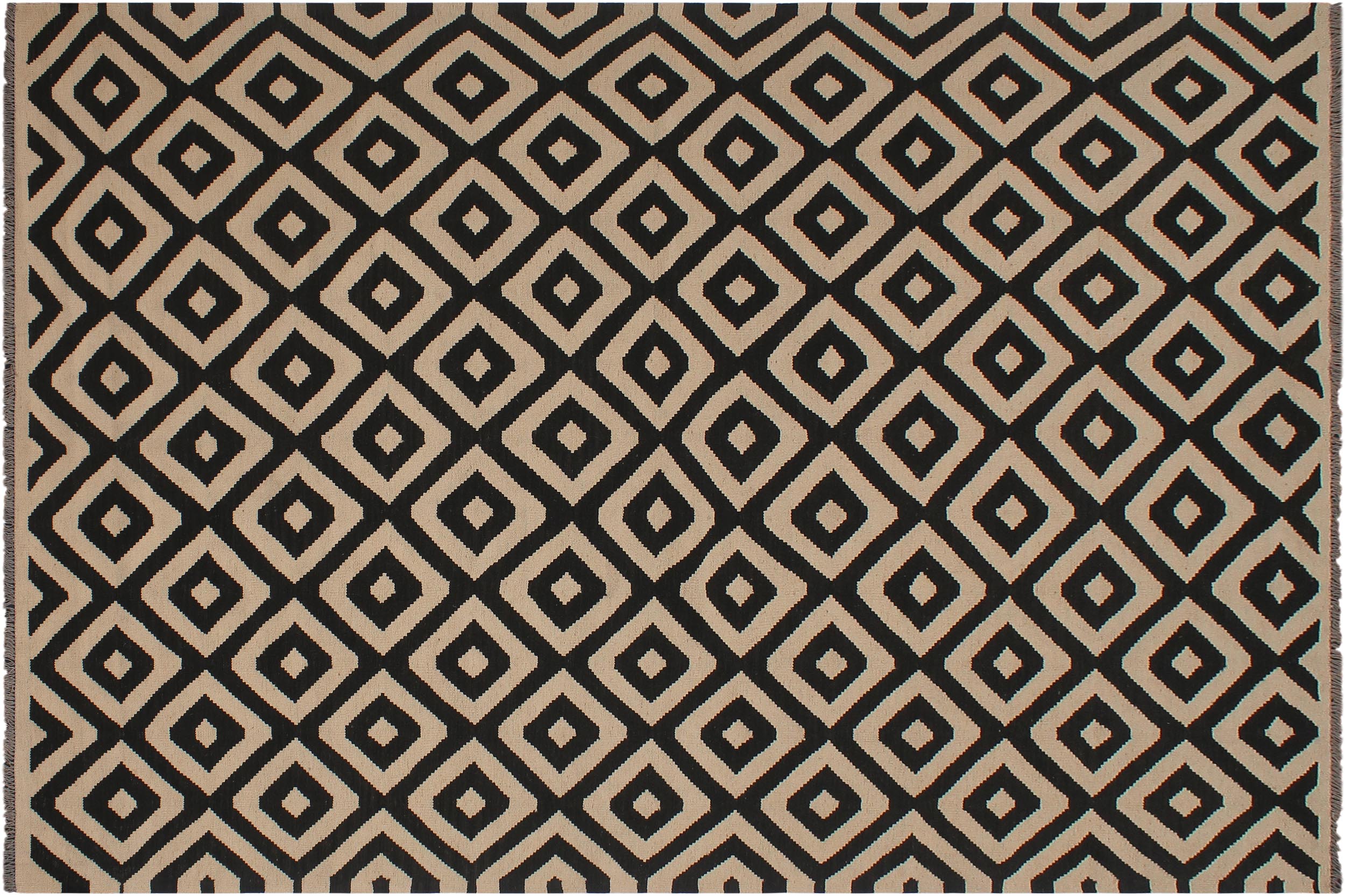 handmade Modern Kilim Beige Black Hand-Woven RECTANGLE 100% WOOL area rug 7' x 10'