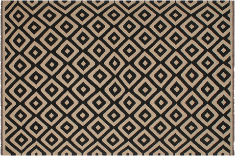 handmade Modern Kilim Beige Black Hand-Woven RECTANGLE 100% WOOL area rug 7' x 10'