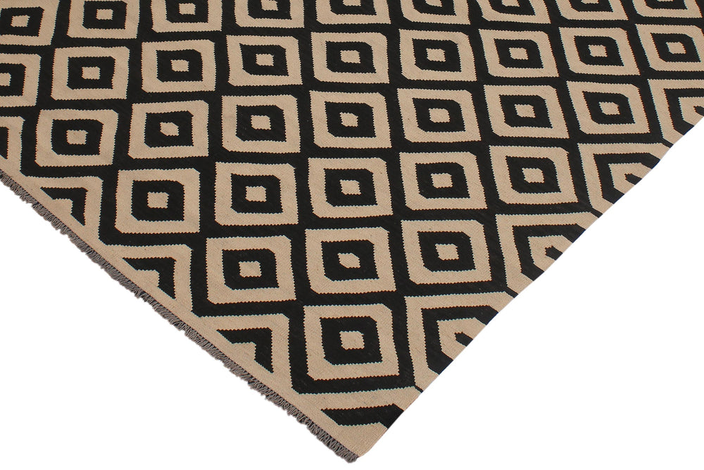 handmade Modern Kilim Beige Black Hand-Woven RECTANGLE 100% WOOL area rug 7' x 10'