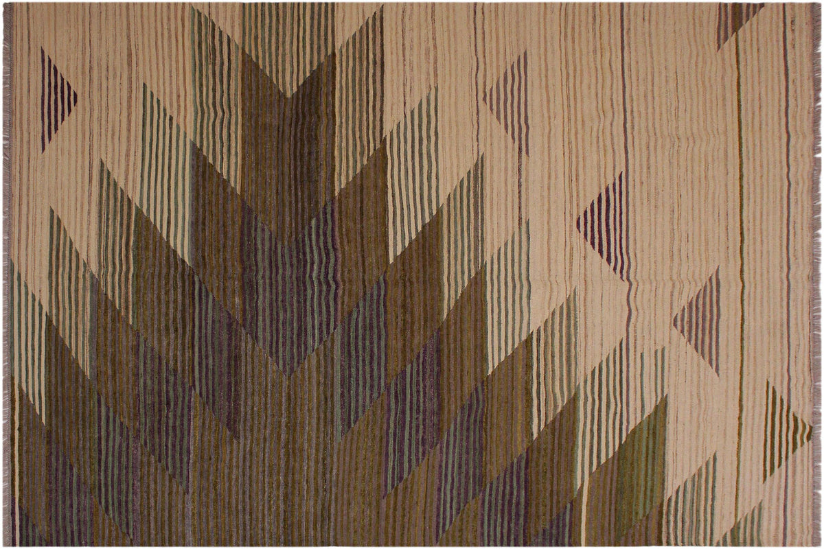 7x8 hand woven Turkish Modern Kilim wool rug in ivory and brown - Turkish Eclectic Singleta