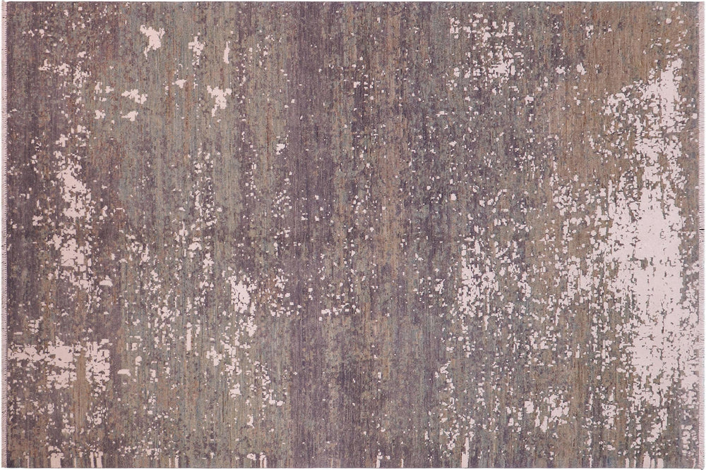handmade Modern Kafkaz Grey Green Hand Knotted RECTANGLE WOOL&SILK area rug 6' x 9'
