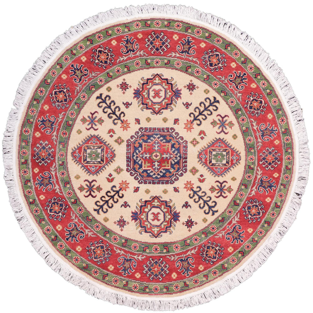 handmade Geometric Kazak Ivory Red Hand Knotted ROUND 100% WOOL area rug 5x5