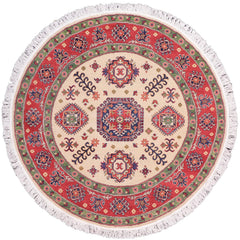 handmade Geometric Kazak Ivory Red Hand Knotted ROUND 100% WOOL area rug 5x5