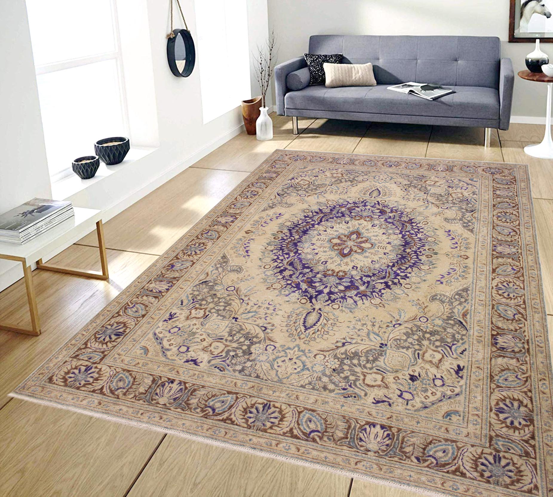 handmade Vintage Hand Painte Tan Brown Hand Knotted RECTANGLE 100% WOOL area rug 8' x 11'