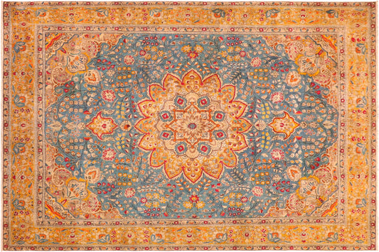 handmade Vintage Hand Painte Blue Yellow Hand Knotted RECTANGLE 100% WOOL area rug 10' x 12'