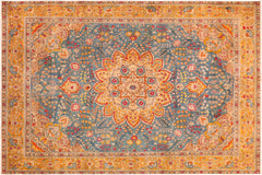 handmade Vintage Hand Painte Blue Yellow Hand Knotted RECTANGLE 100% WOOL area rug 10' x 12'