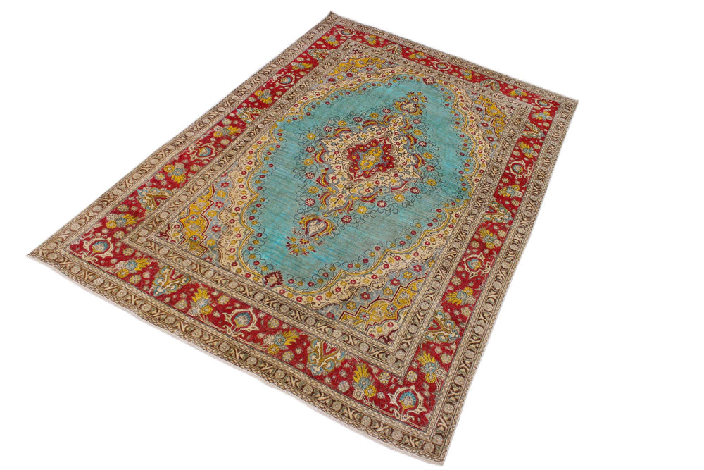handmade Vintage Hand Painte Blue Red Hand Knotted RECTANGLE 100% WOOL area rug 8' x 12'
