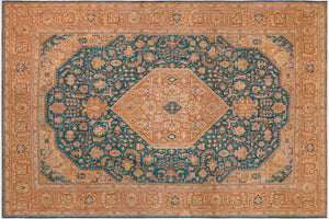10x13 hand knotted vintage hand painted wool rug in teal and brown - Retro Vintage Sommer