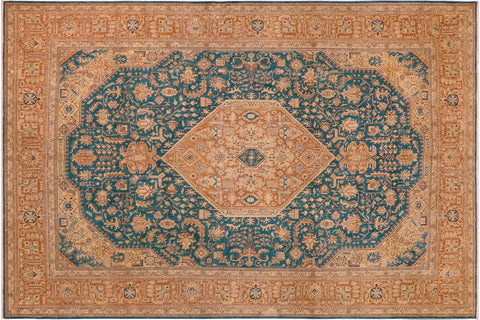 handmade Vintage Hand Painte Teal Brown Hand Knotted RECTANGLE 100% WOOL area rug 10' x 13'