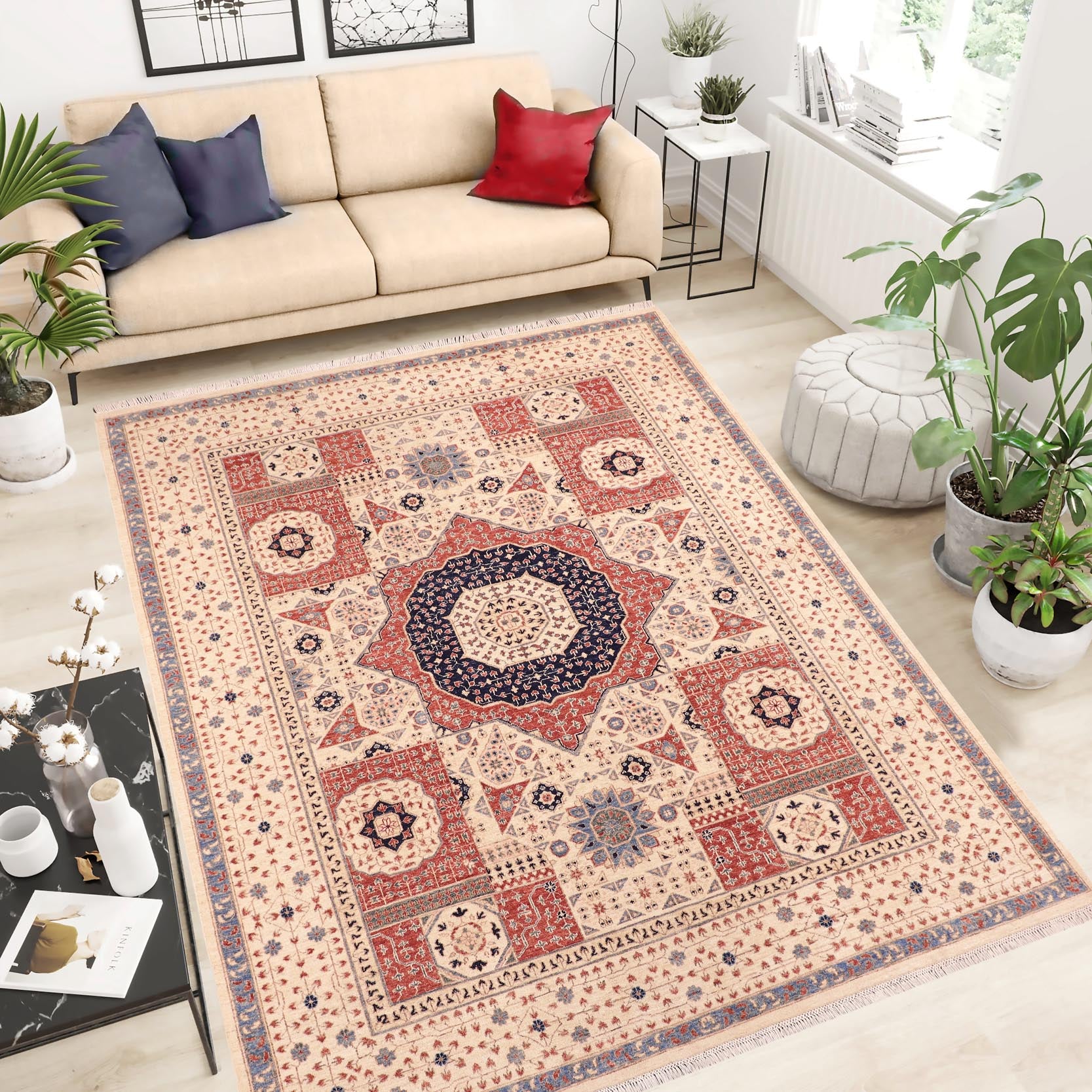 handmade Geometric Mamluk Beige Rust Hand Knotted RECTANGLE 100% WOOL area rug 8 x 10