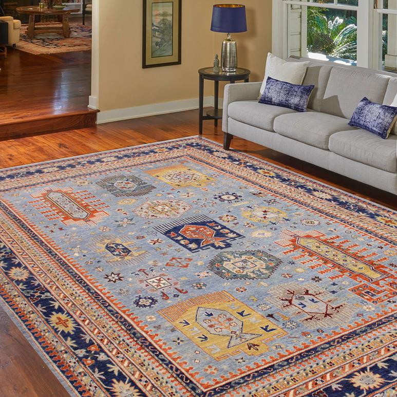 handmade Transitional Kafkaz Lt. Blue Tan Hand Knotted RECTANGLE 100% WOOL area rug 9 x 12