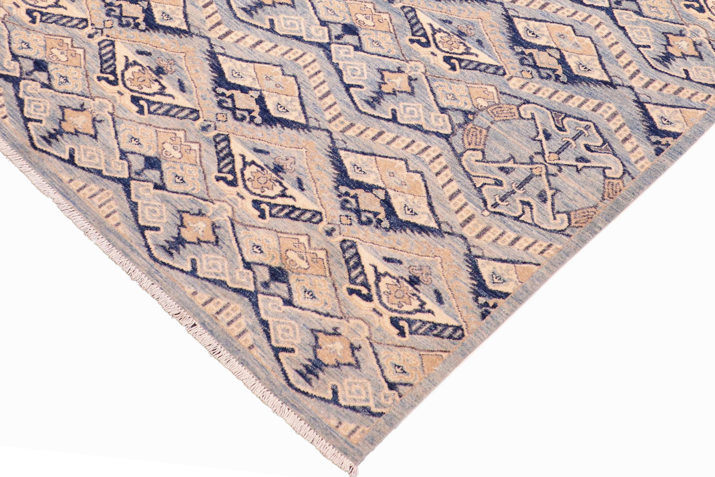 handmade Modern Kafkaz Blue Beige Hand Knotted RECTANGLE 100% WOOL area rug 6' x 9'