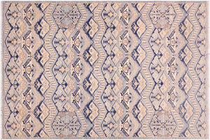 6x9 hand knotted modern wool rug in blue and beige - Eclectic Spriggs