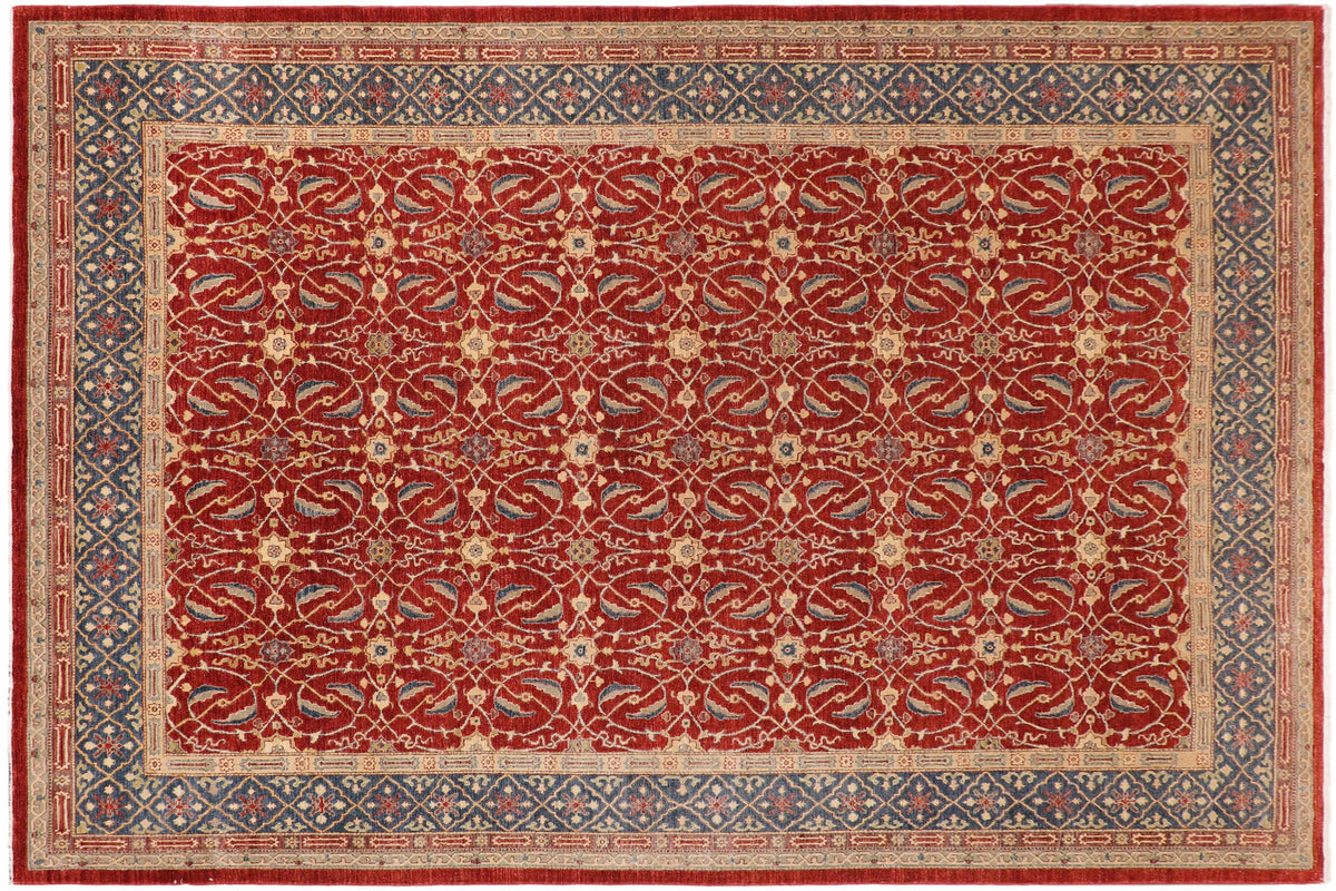 10x14 hand knotted transitional wool rug in red and blue - Boho Chic Dianna