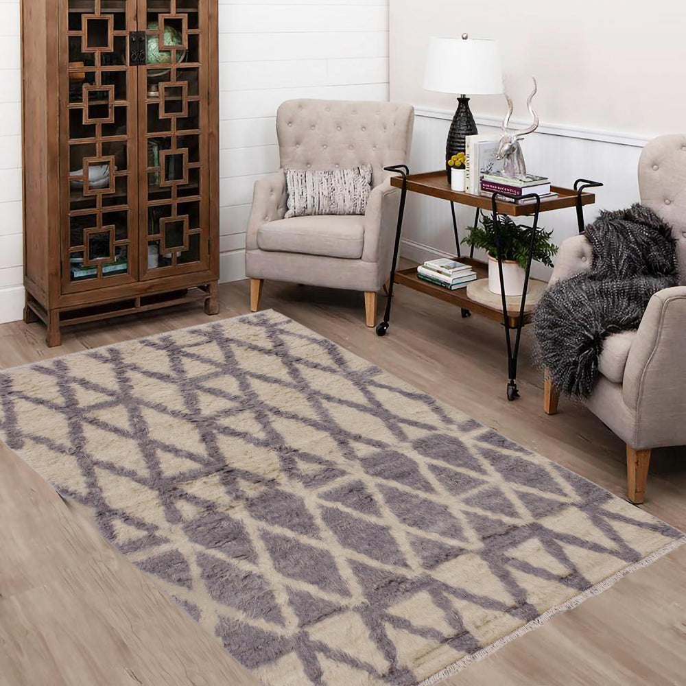 handmade Geometric Moroccan Ivory Grey Hand Knotted RECTANGLE 100% WOOL area rug 4' x 6'