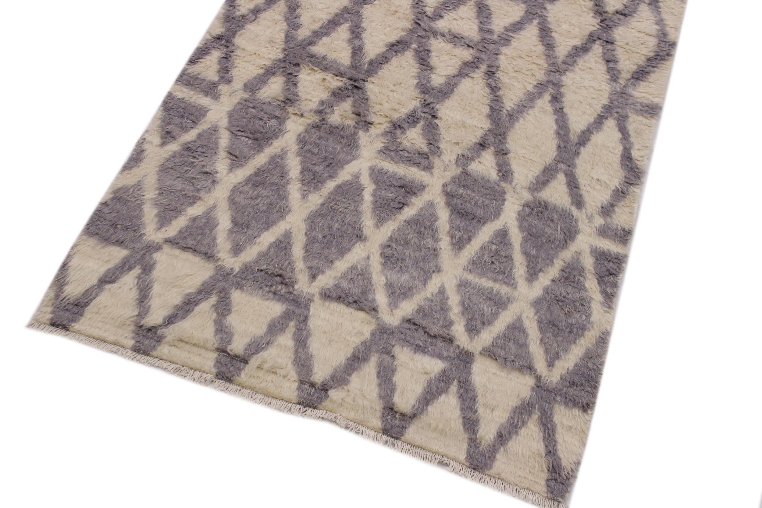 handmade Geometric Moroccan Ivory Grey Hand Knotted RECTANGLE 100% WOOL area rug 4' x 6'