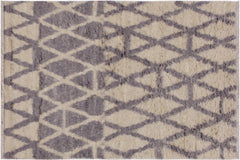 handmade Geometric Moroccan Ivory Grey Hand Knotted RECTANGLE 100% WOOL area rug 4' x 6'