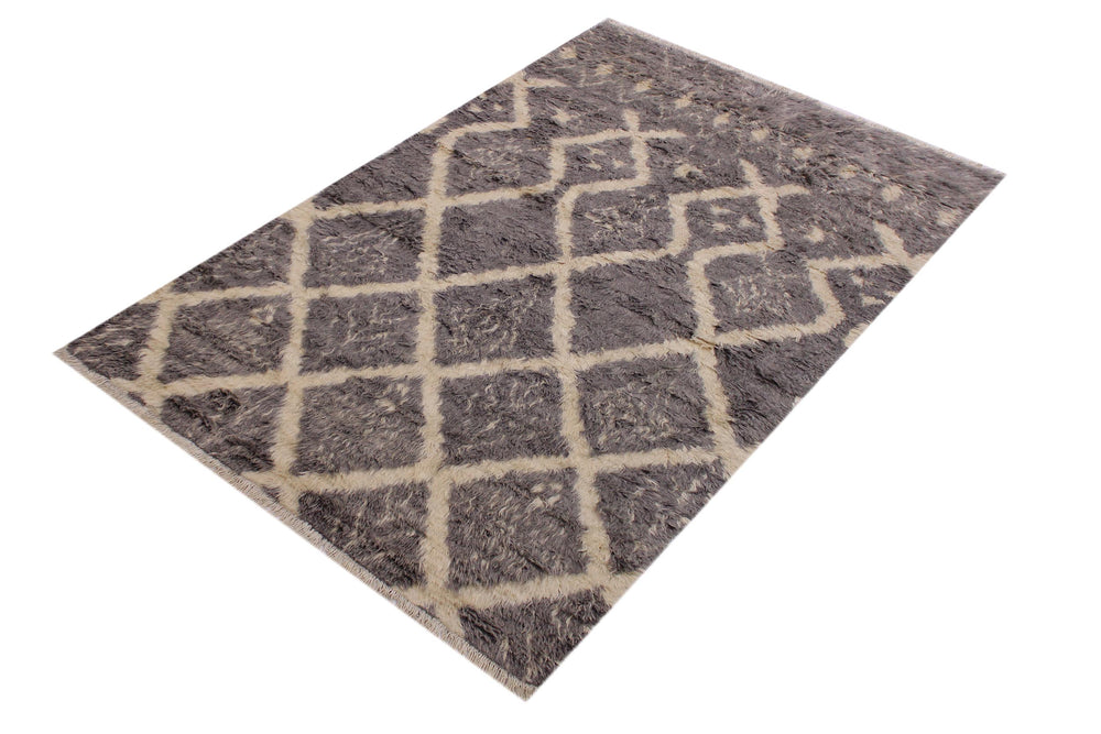 handmade Geometric Moroccan Grey Ivory Hand Knotted RECTANGLE 100% WOOL area rug 5' x 8'
