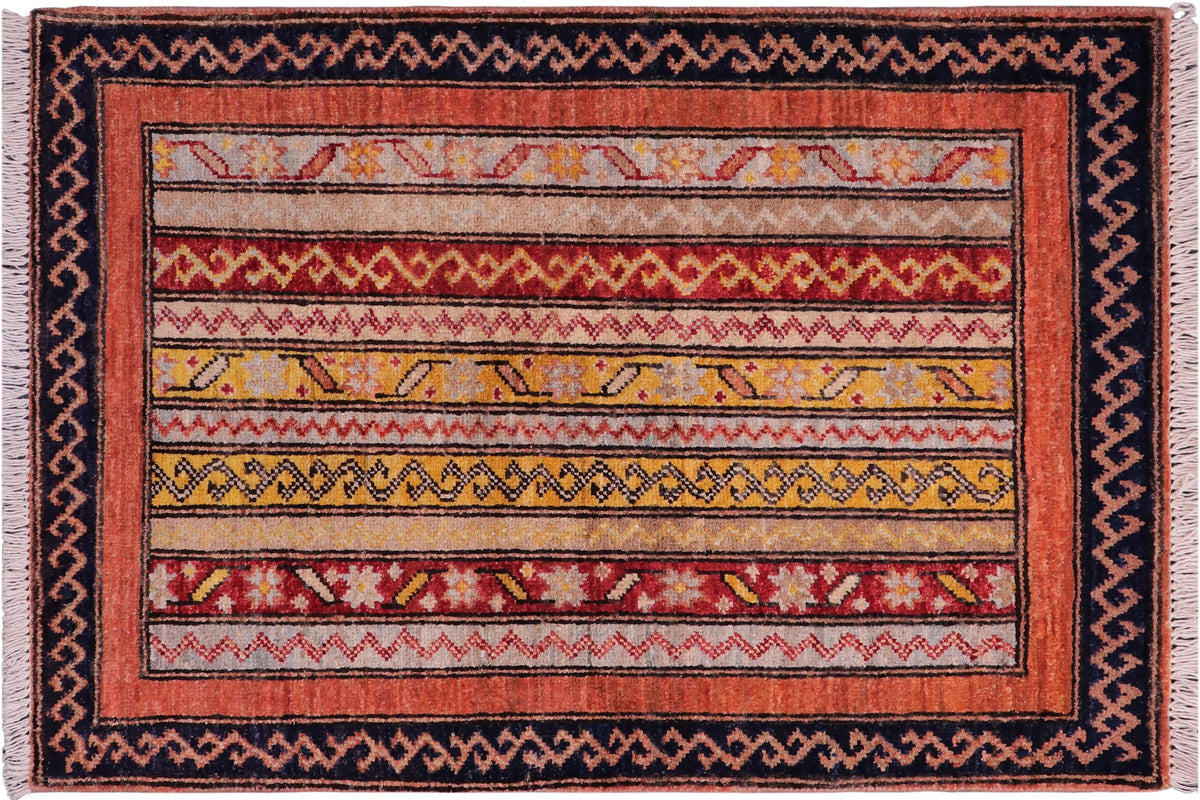 2x3 hand knotted vegetable dyed Shawl wool rug in red and navy - Rustic Shawl Starkey