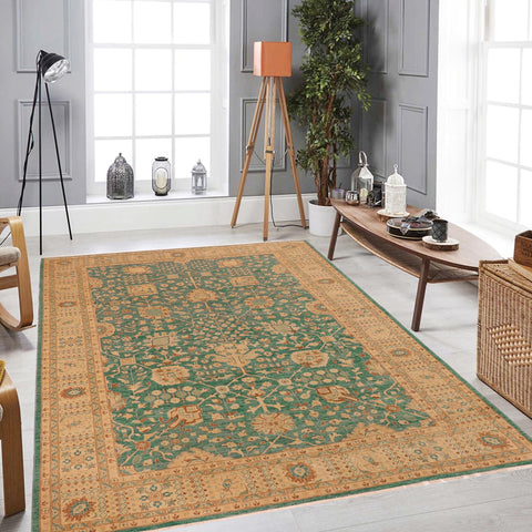 handmade Transitional Kafkaz Green Tan Hand Knotted RECTANGLE 100% WOOL area rug 10' x 14'