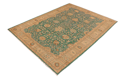 handmade Transitional Kafkaz Green Tan Hand Knotted RECTANGLE 100% WOOL area rug 10' x 14'