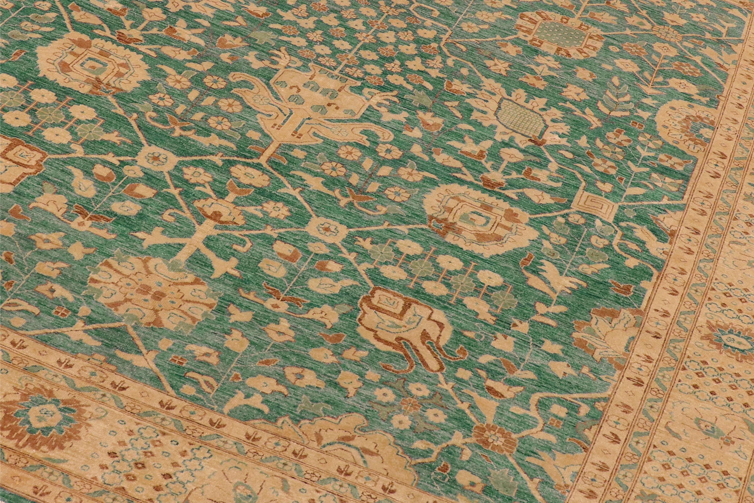 handmade Transitional Kafkaz Green Tan Hand Knotted RECTANGLE 100% WOOL area rug 10' x 14'