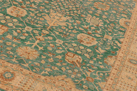 handmade Transitional Kafkaz Green Tan Hand Knotted RECTANGLE 100% WOOL area rug 10' x 14'