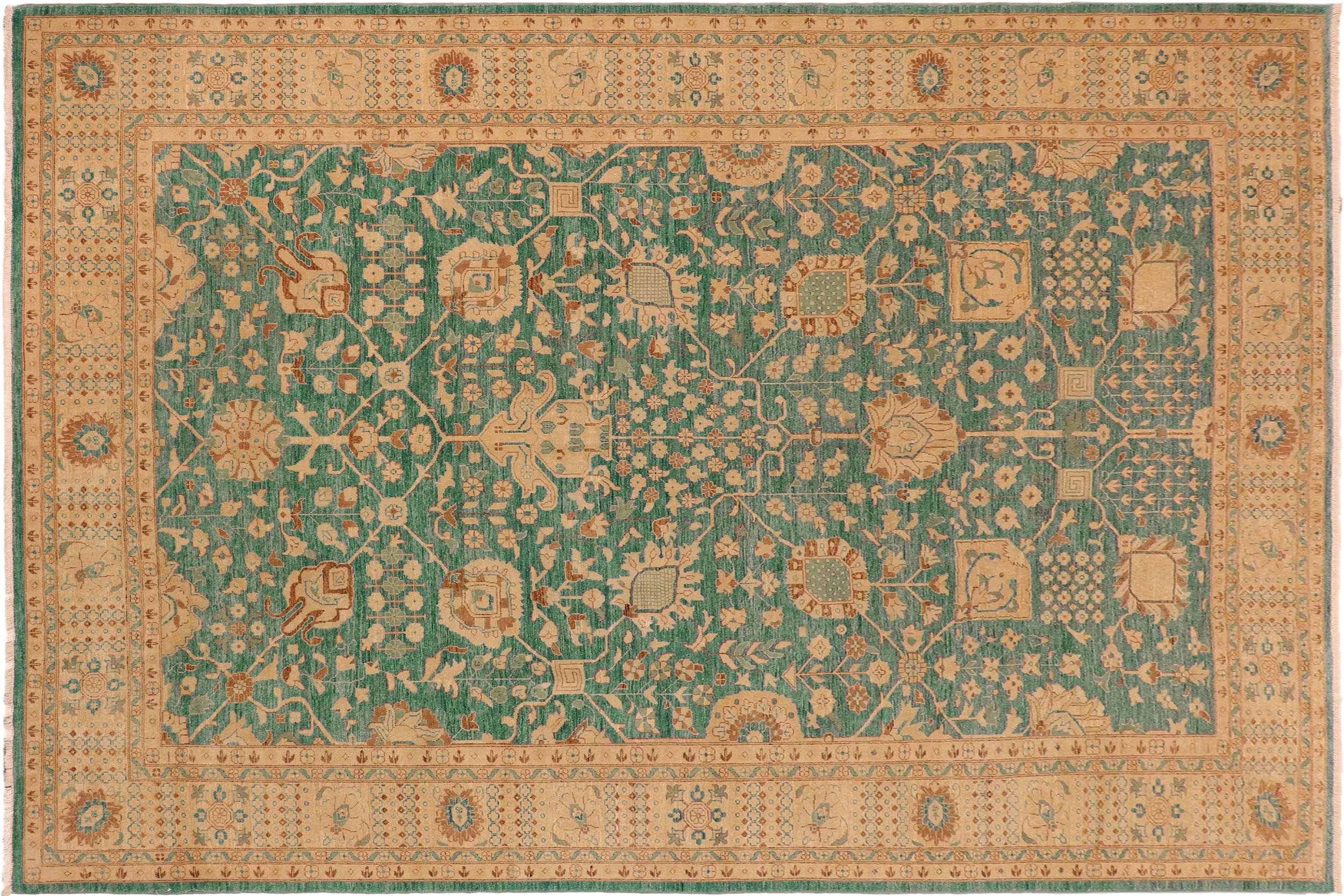 handmade Transitional Kafkaz Green Tan Hand Knotted RECTANGLE 100% WOOL area rug 10' x 14'