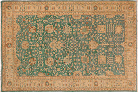 handmade Transitional Kafkaz Green Tan Hand Knotted RECTANGLE 100% WOOL area rug 10' x 14'