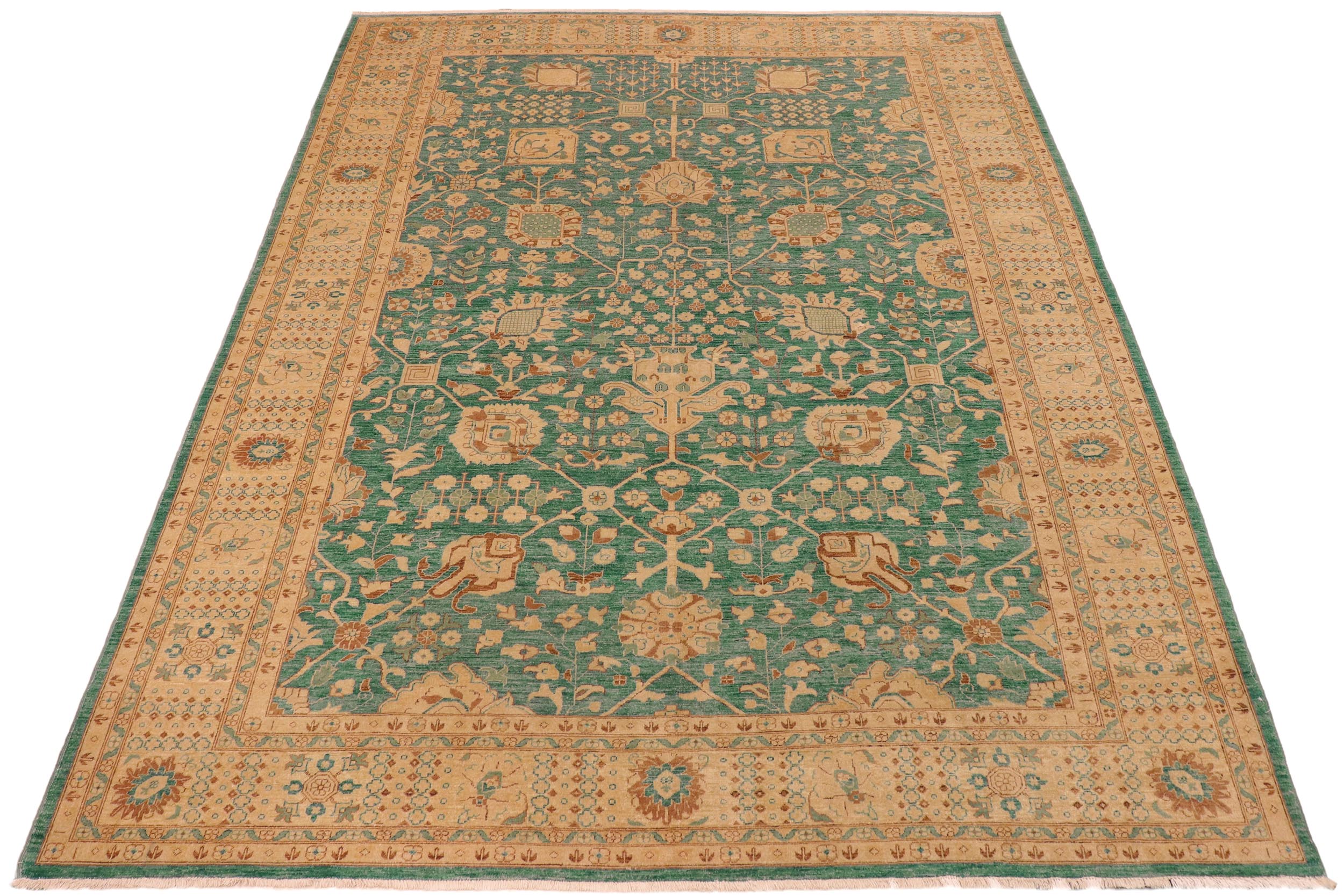handmade Transitional Kafkaz Green Tan Hand Knotted RECTANGLE 100% WOOL area rug 10' x 14'