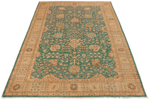 handmade Transitional Kafkaz Green Tan Hand Knotted RECTANGLE 100% WOOL area rug 10' x 14'