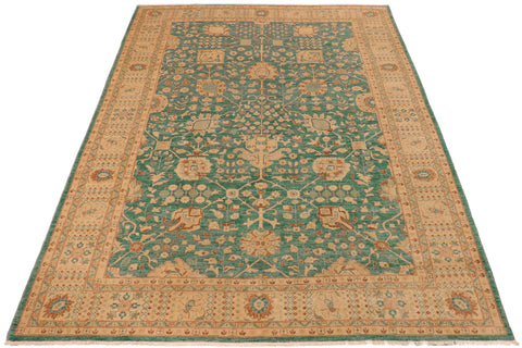 handmade Transitional Kafkaz Green Tan Hand Knotted RECTANGLE 100% WOOL area rug 10' x 14'