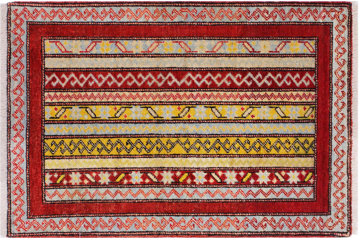 2x2 hand knotted vegetable dyed Shawl wool rug in ivory and red - Boho Chic Shawl Steele