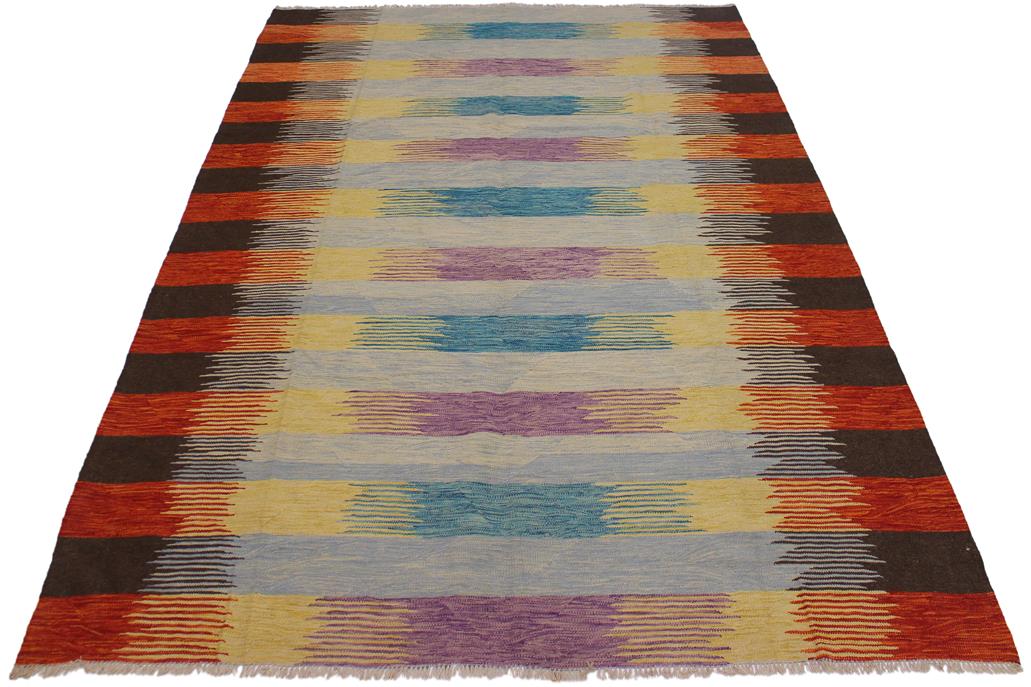 Flat Weave Kilim Antique Navaho Vintage handmade Modern Kilim Blue Rust Hand-Woven Rectangle 100% Wool Area Rug 8x10 