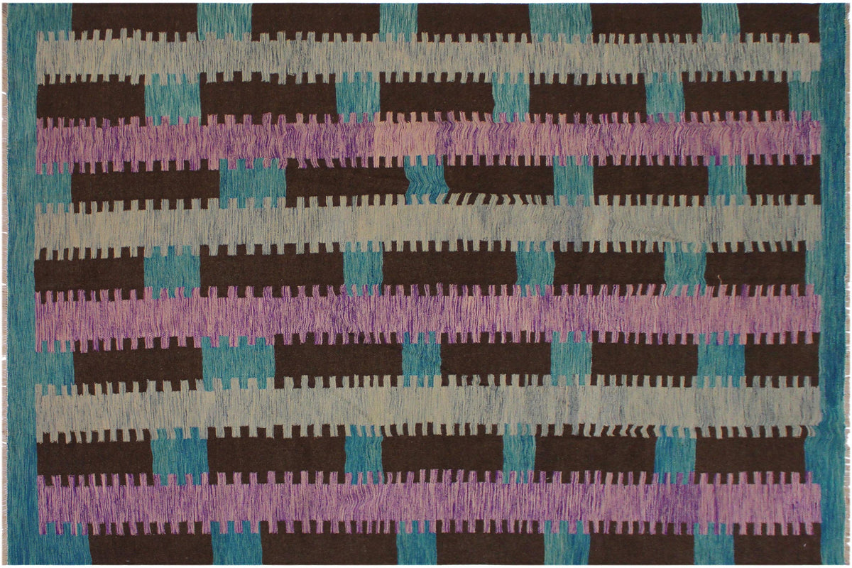 9x10 hand woven Turkish Modern Kilim wool rug in teal and brown - Turkish Chic Stillwel