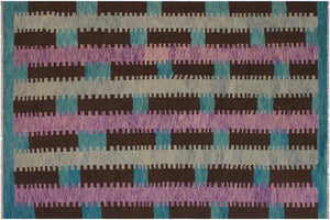 9x10 hand woven Turkish Modern Kilim wool rug in teal and brown - Turkish Chic Stillwel