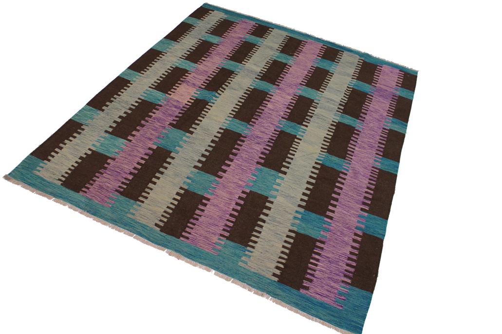 Flat Weave Kilim Antique Navaho Vintage handmade Modern Kilim Teal Brown Hand-Woven Rectangle 100% Wool Area Rug 9x10 