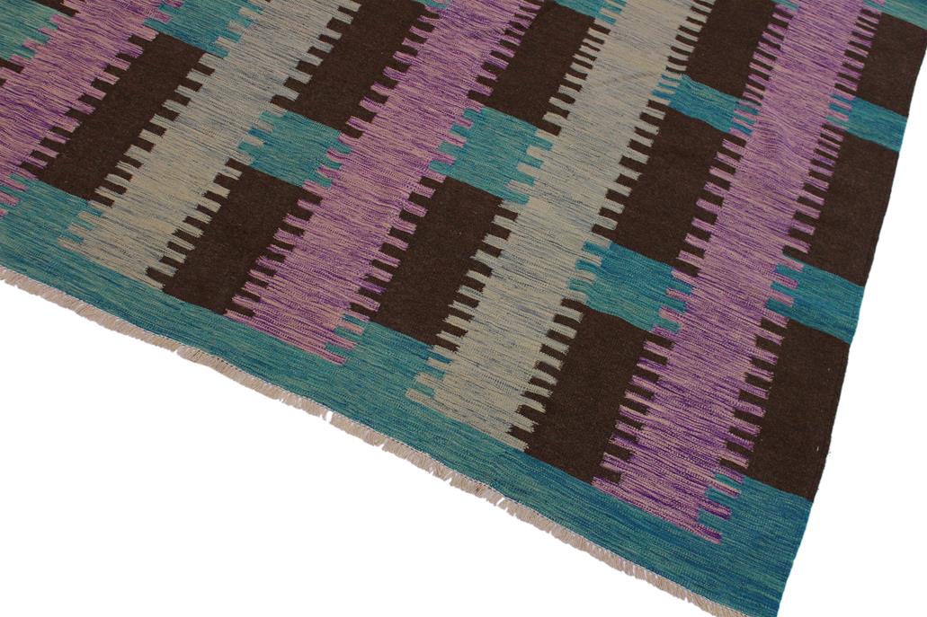 Flat Weave Kilim Antique Navaho Vintage handmade Modern Kilim Teal Brown Hand-Woven Rectangle 100% Wool Area Rug 9x10 