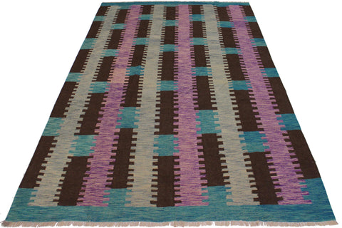 handmade Modern Kilim Teal Brown Hand-Woven RECTANGLE 100% WOOL area rug 9 x 10