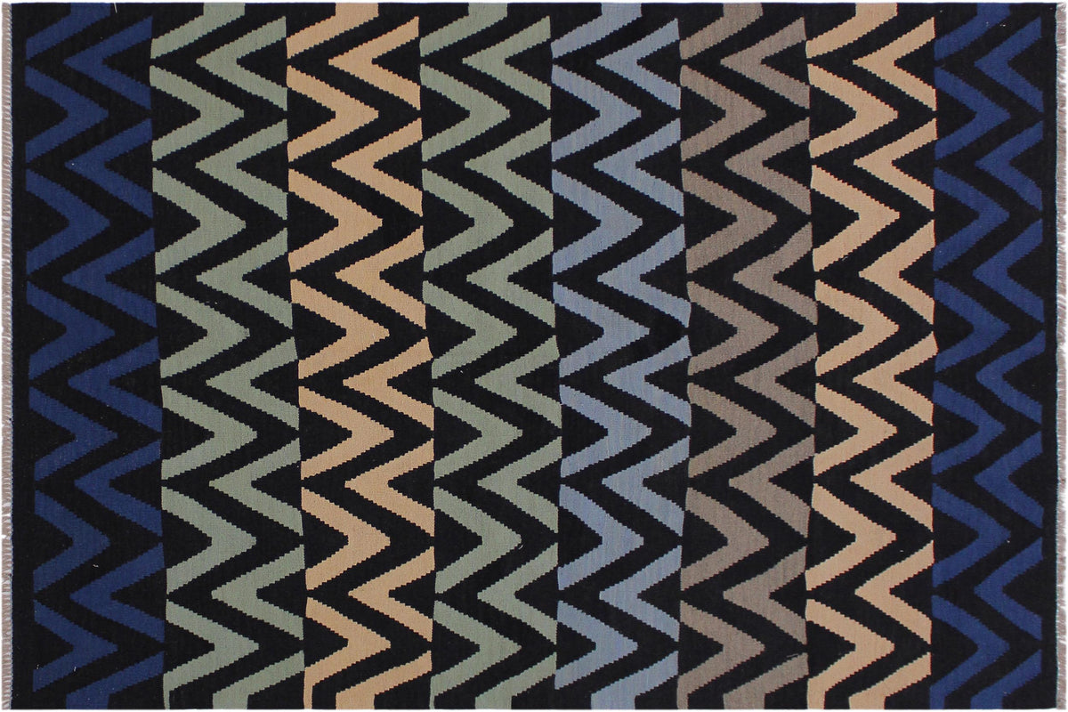handmade Modern Kilim Black Blue Hand-Woven RECTANGLE 100% WOOL area rug 5x7