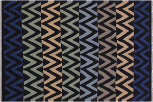 handmade Modern Kilim Black Blue Hand-Woven RECTANGLE 100% WOOL area rug 5x7